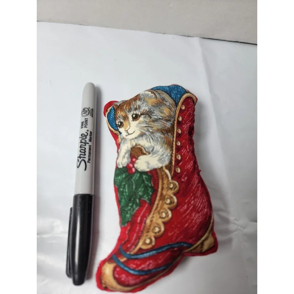 Vintage Style Christmas Cat in Stocking Mini Plush Pillow Shelf Sitter...